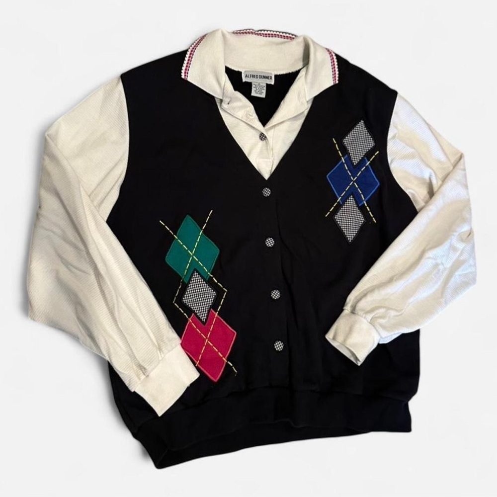 VINTAGE ALFRED DUNNER KNIT POLO SHIRT WITH BUILT IN ARGYLE SWEATER VEST